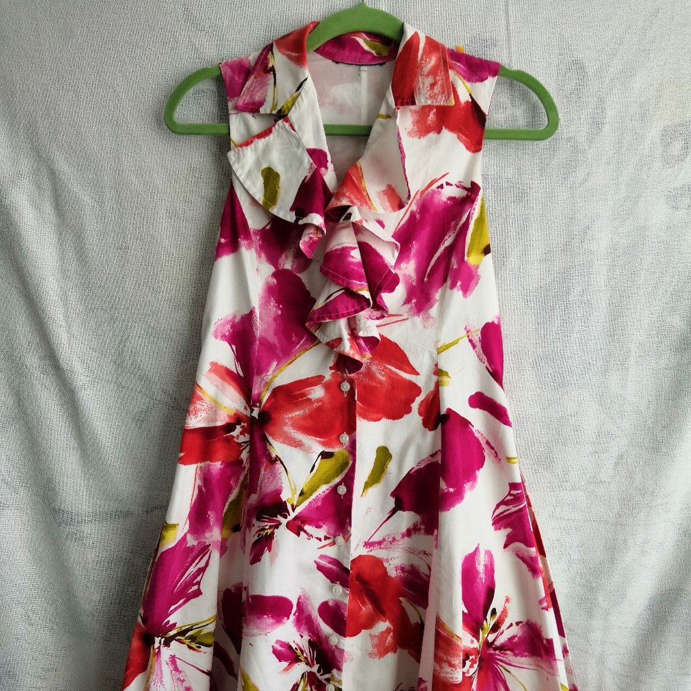 Womens Dress Red White Pink Floral Button Down Ruffle Front Size Small